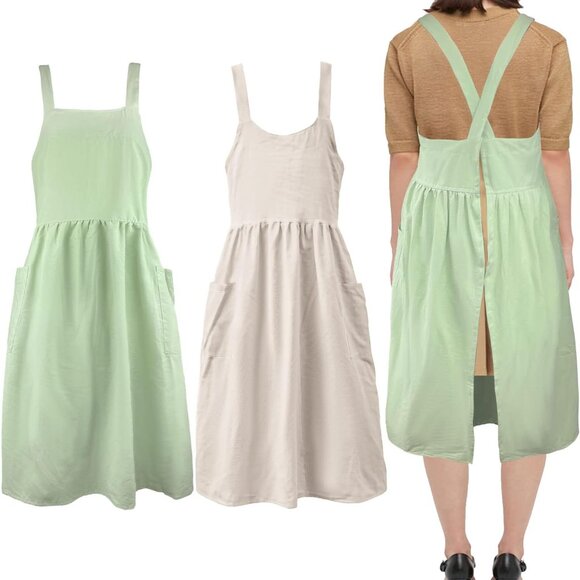 Cotton Linen Apron Cross Back Work Apron for Women with Pockets Pinafore Dress X - Picture 1 of 7